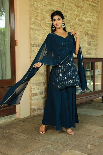 Amalfi Blue Sequinned Kurta With Palazzo & Dupatta Set